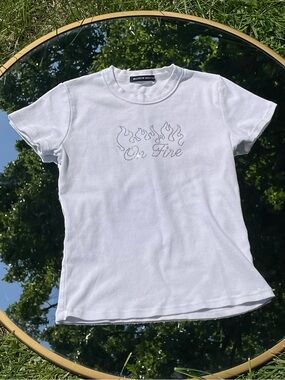 Brandy Melville White Rhinestone "On Fire" Flame Tee